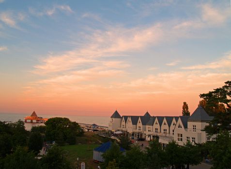 New Seabridge with Pavilion during sunset, Heringsdorf, Usedom, Germany
