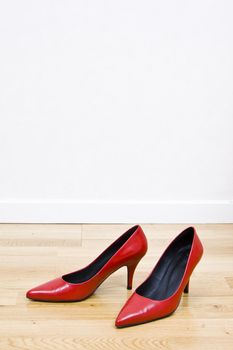 fashionable female shoes on wooden floor