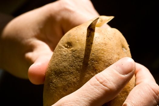 a women peeling a potato close up of the womens hands