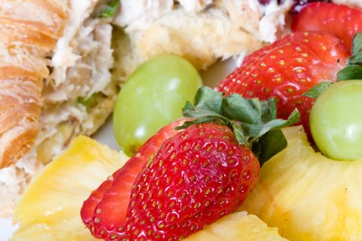 fresh homemade chicken salad sandwich on a white plate with cut fruit grape strawberry and pineapple