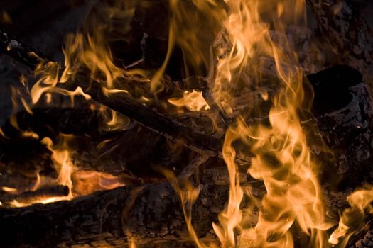 Close up of an campfire at night glowing flames