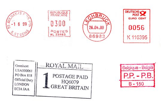 Postage meters, rubber stamps, mail labels isolated over white