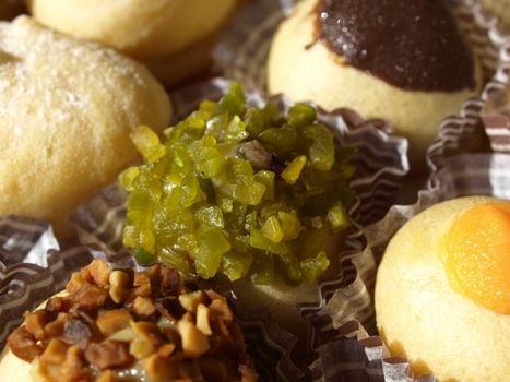 Mixed pastries with chocolate, cream, fruit