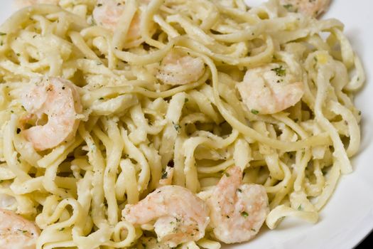 white plate full of shrimp pasta seasoned and hot