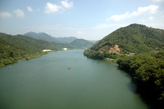 Green, natural landscape with lakes and rivers in Chinese countryside, around town QingYuan in Guangdong province.