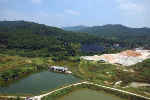 Green, natural landscape with lakes and rivers in Chinese countryside, around town QingYuan in Guangdong province.