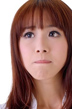 Expression of frustration on face, closeup portrait of Asian business woman.