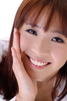 Expression of happy with smile, closeup portrait of Asian businesswoman face.