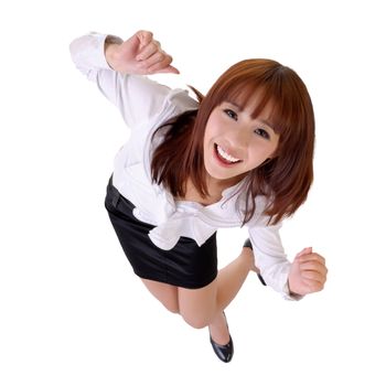 Happy dancing business woman of Asian, full length portrait isolated on white.