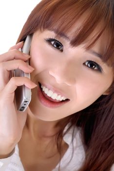 Business woman on phone, closeup portrait of Asian beauty.