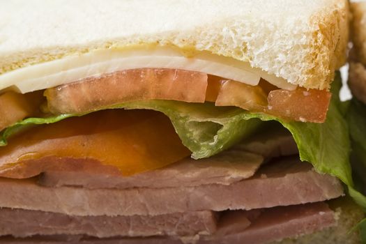 close up of a  ham and cheese sandwich