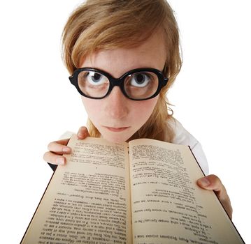 Funny woman in big glasses with a book in their hands