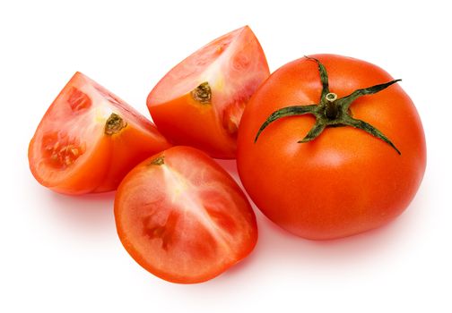 Tomatoes: whole and cut. Carefully isolated on a white background.