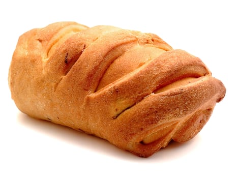 Sweet bun with raisins is isolated on a white background. Light shade.