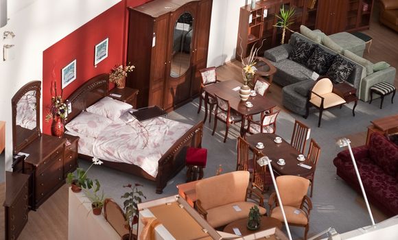 Furniture store. View from above at an exhibition of furniture.