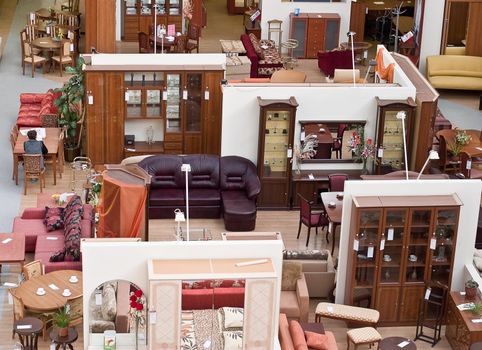 Furniture store. View from above at an exhibition of furniture.