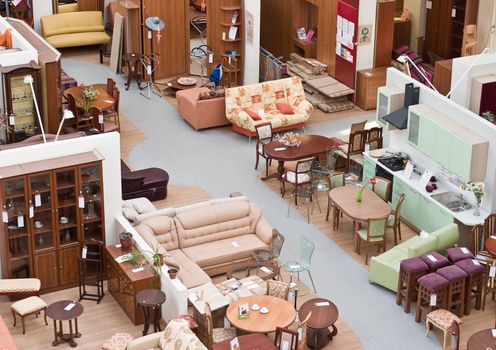 Furniture store. View from above at an exhibition of furniture.
