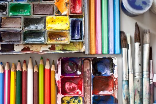 Items for drawing and art: watercolor paint, brushes, colored pencils.