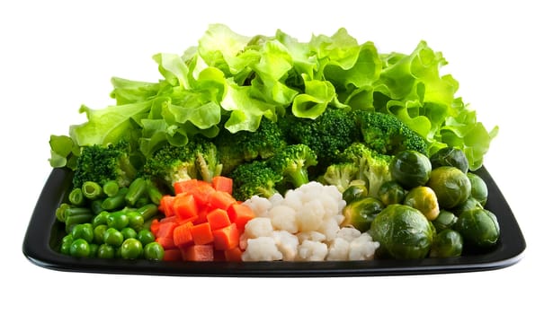 Healthy food: cauliflower, brussels sprouts, broccoli, carrots, string beans  and green peas