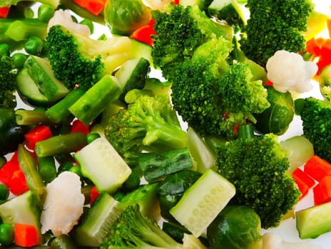 Healthy food: cauliflower, brussels sprouts, broccoli, carrots, string beans  and green peas