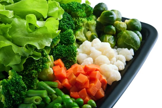Healthy food: cauliflower, brussels sprouts, broccoli, carrots, string beans  and green peas