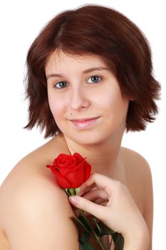 young caucasian woman holding a red rose