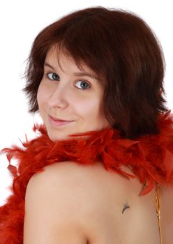 caucasian girl with red feather boa, white background