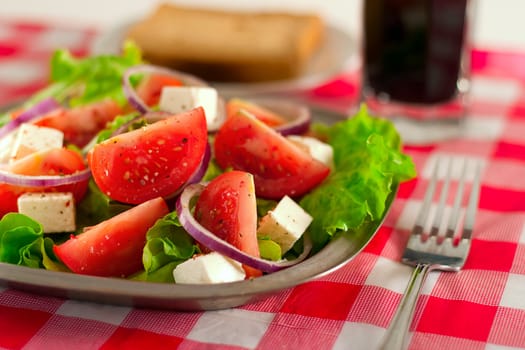 Greek salad with tomatoes cheese, herbs and onions
