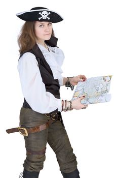 The pirate - young woman with ancient sea map