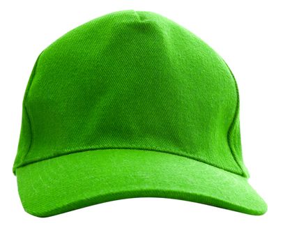 A green baseball cap is isolated on a white background