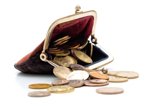 Purse and coins isolated on white background
