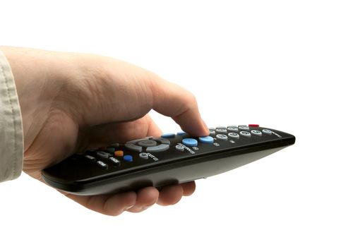 Hand holding TV remote control. Isolated on a white background
