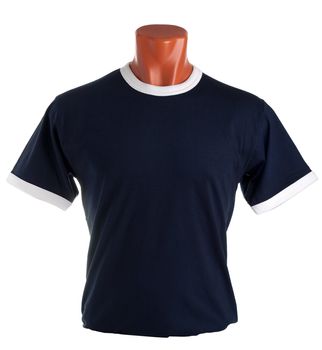 T-shirt on a mannequin isolated on white background. Front view, small folds, natural position.