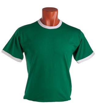 T-shirt on a mannequin isolated on white background. Front view, small folds, natural position.