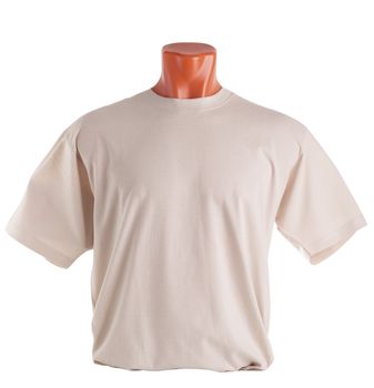 T-shirt on a mannequin isolated on white background. Front view, small folds, natural position.
