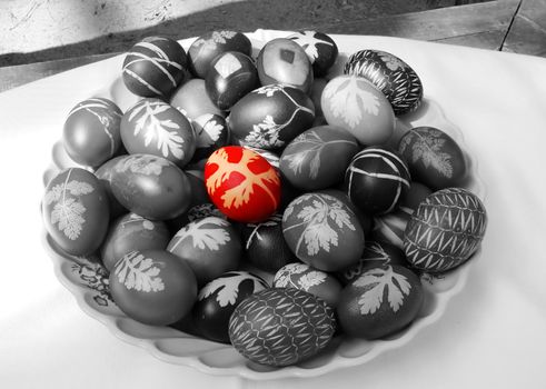 Easter eggs plate in black and white - red egg