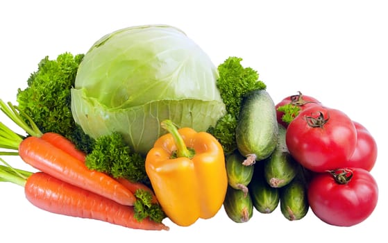 Group of vegetables: cabbage, parsley, carrots, tomatoes, cucumber and paper. Isolated on a white background, light shade.