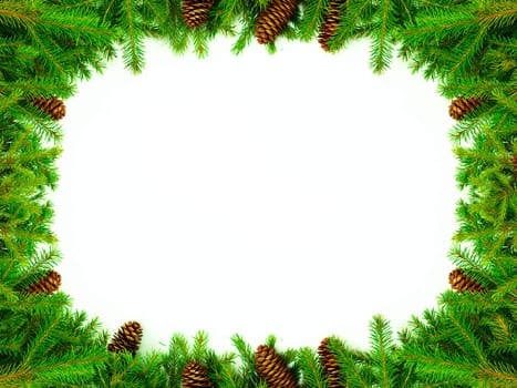 Christmas frame for congratulations. Made from real tree branches with cones. All this from the snowy Russia