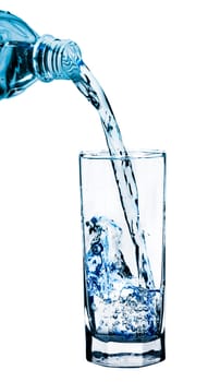 Stream of clean water pouring from a bottle into a glass with a spray