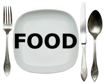 Table set: plate, fork, spoon and table knife. Concept of food