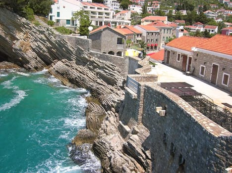 cityscape of Petrovac in Montenegro by Adriatic sea