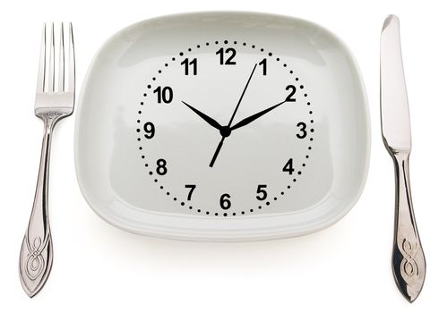 Dishware and clock. Concept restrictions in food