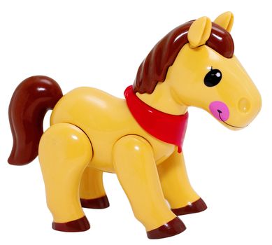 Colorful plastic toy horse on a white background.
