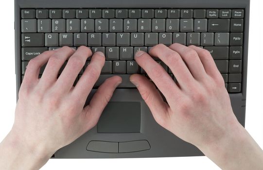 Male hand on keyboard on the white background