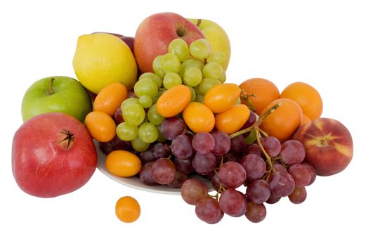 Fruit - kumquat, apple, grapes, peach, lemon, tangerine, pomegranate