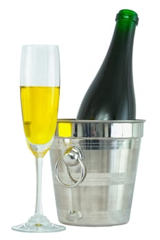 Still-life with a glass of wine and a bottle on a white background