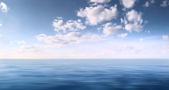 Seascape: quiet sea and bright sky with clouds