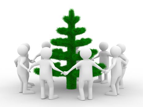 Group people around christmas tree. Isolated 3d image