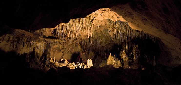 Panoramic view of a lit room inside the cave at Florida Caverns State Park