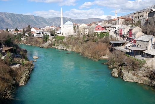 Mosque in Mostar Old Town on a sunny winter day.